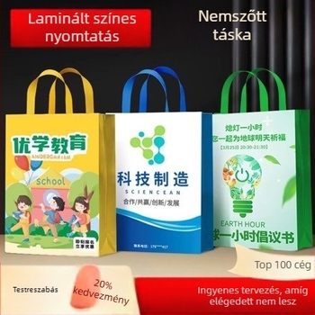 Laminált színes nyomtatású nemszőtt anyagból készült tote táska, környezetbarát promóciós táska képzésekhez, logóval testreszabható