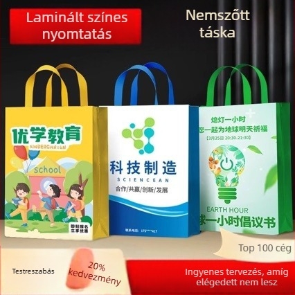 Laminált színes nyomtatású nemszőtt anyagból készült tote táska, környezetbarát promóciós táska képzésekhez, logóval testreszabható