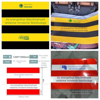 Elektromos oszlopokra szánt tükröződő film figyelmeztető matricával, diagonális fekete-sárga-piros-fehér mintázat, alumínium alap.