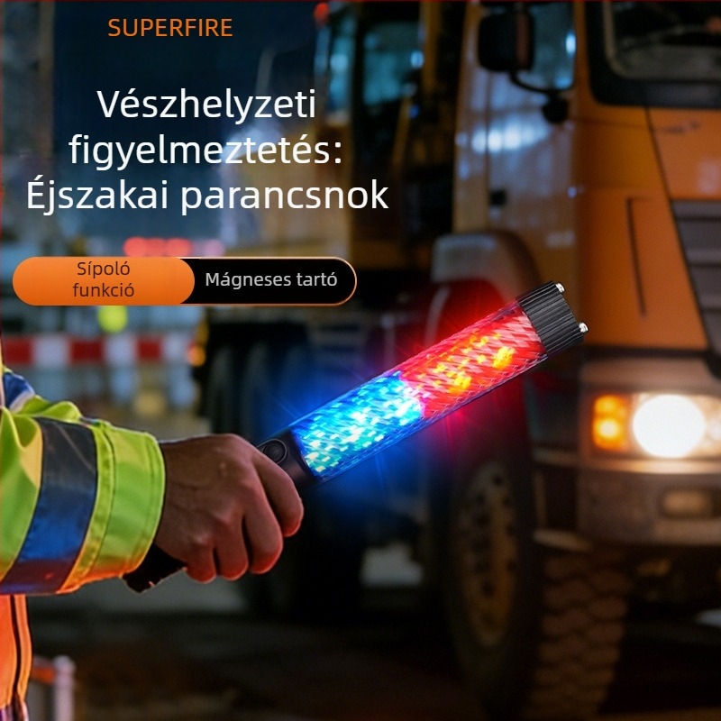 YJ04 Mágneses LED jelzőbot piros-kék villogóval, biztonsági járőr részére