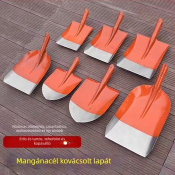 Teljes acél lapát fa nyéllel; négyzetes, sík és kerek fejű változatok építéshez és mezőgazdaságban; fej szélessége 20 cm, tömege 458–905 g.