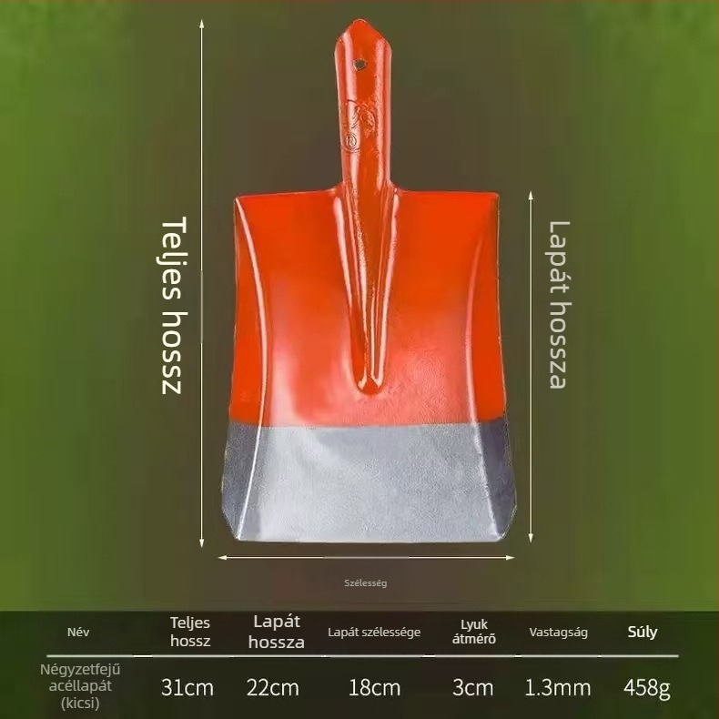 Teljes acél lapát fa nyéllel; négyzetes, sík és kerek fejű változatok építéshez és mezőgazdaságban; fej szélessége 20 cm, tömege 458–905 g.