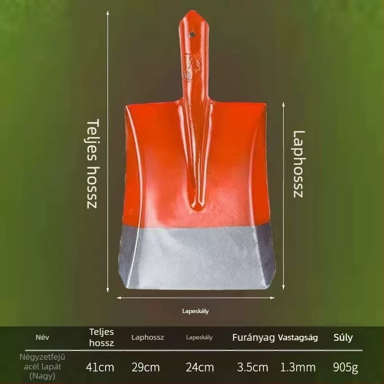 Teljes acél lapát fa nyéllel; négyzetes, sík és kerek fejű változatok építéshez és mezőgazdaságban; fej szélessége 20 cm, tömege 458–905 g.