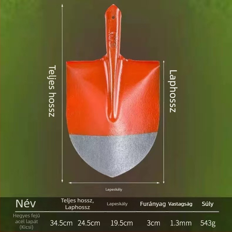 Teljes acél lapát fa nyéllel; négyzetes, sík és kerek fejű változatok építéshez és mezőgazdaságban; fej szélessége 20 cm, tömege 458–905 g.