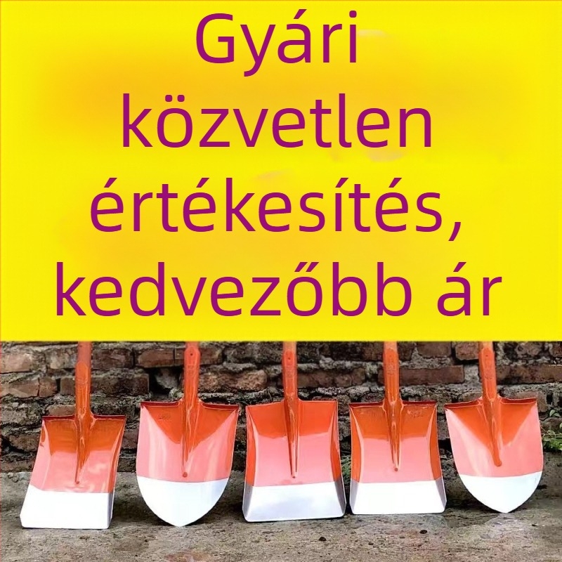 Teljes acél lapát fa nyéllel; négyzetes, sík és kerek fejű változatok építéshez és mezőgazdaságban; fej szélessége 20 cm, tömege 458–905 g.