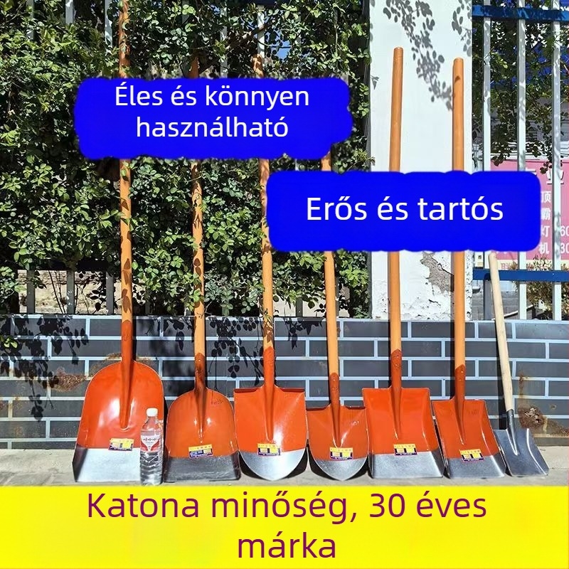 Teljes acél lapát fa nyéllel; négyzetes, sík és kerek fejű változatok építéshez és mezőgazdaságban; fej szélessége 20 cm, tömege 458–905 g.