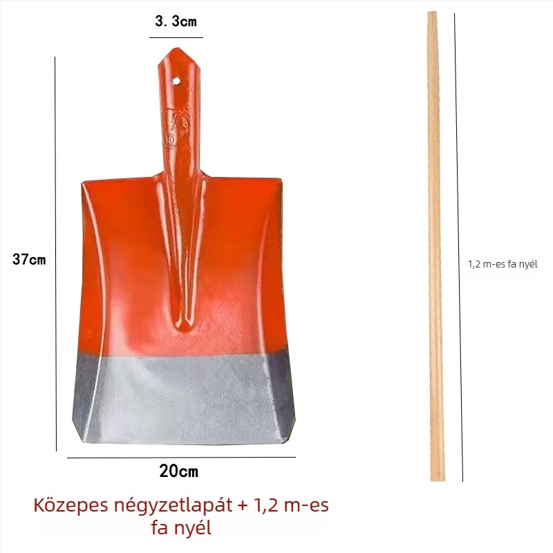 Teljes acél lapát fa nyéllel; négyzetes, sík és kerek fejű változatok építéshez és mezőgazdaságban; fej szélessége 20 cm, tömege 458–905 g.