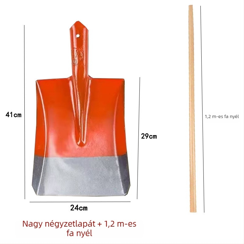 Teljes acél lapát fa nyéllel; négyzetes, sík és kerek fejű változatok építéshez és mezőgazdaságban; fej szélessége 20 cm, tömege 458–905 g.