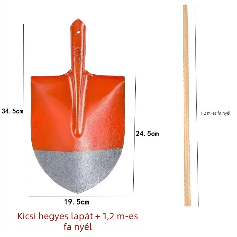 Teljes acél lapát fa nyéllel; négyzetes, sík és kerek fejű változatok építéshez és mezőgazdaságban; fej szélessége 20 cm, tömege 458–905 g.