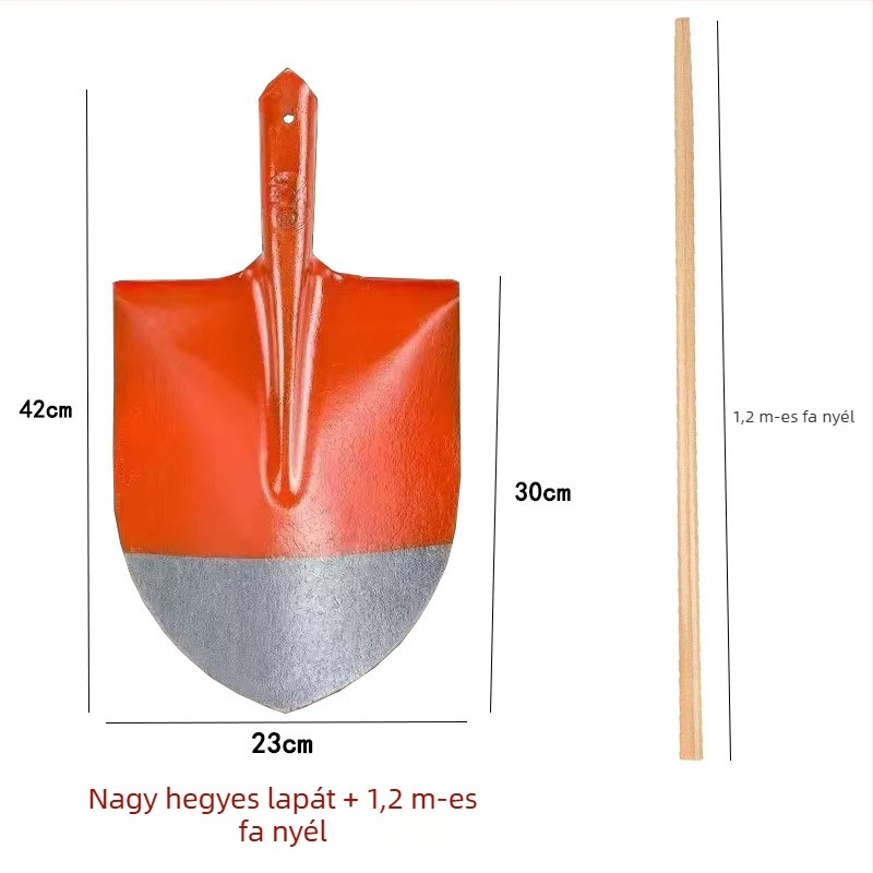 Teljes acél lapát fa nyéllel; négyzetes, sík és kerek fejű változatok építéshez és mezőgazdaságban; fej szélessége 20 cm, tömege 458–905 g.