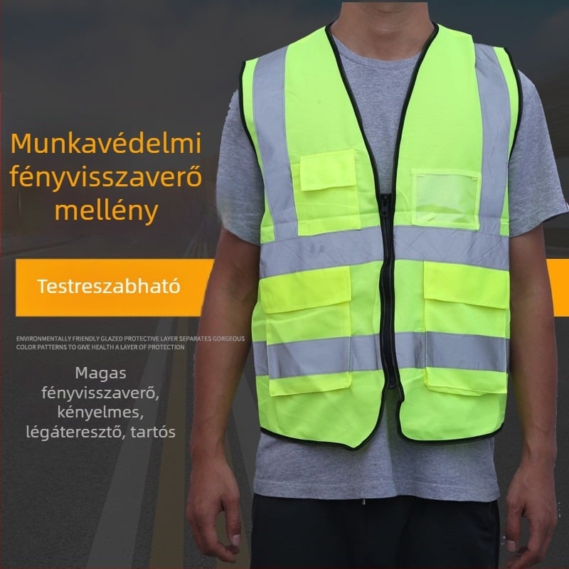 Zsebes, cipzáras fényvisszaverő mellény, univerzális méret, munkavédelmi és köztisztasági viselet