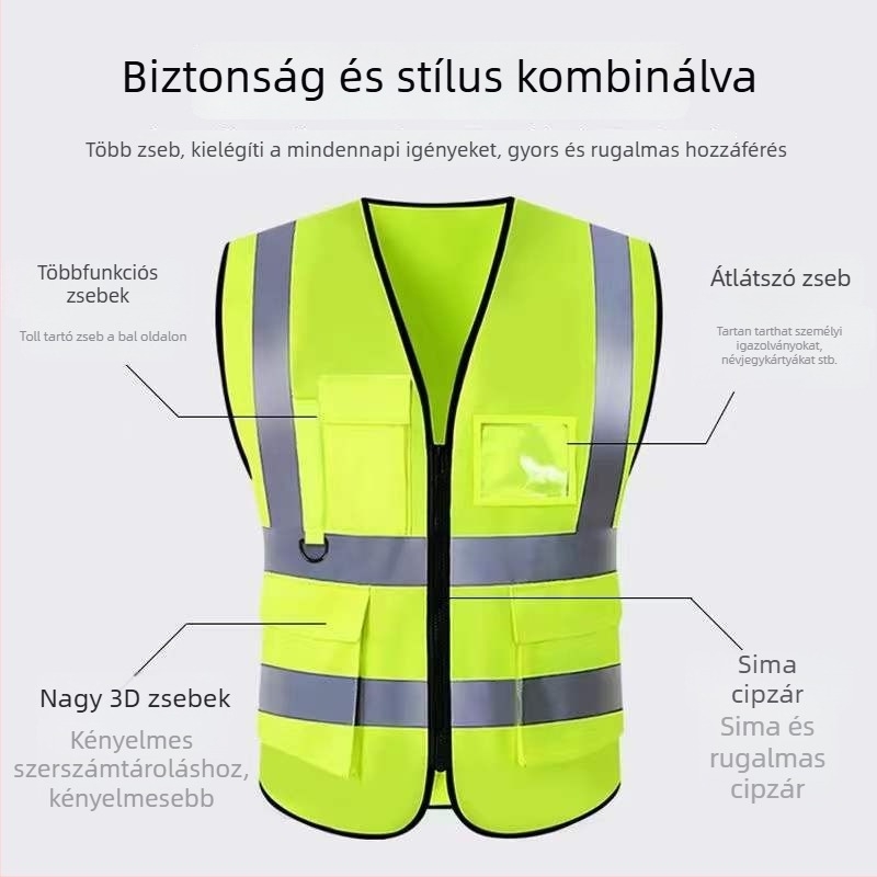 Fényvisszaverő mellény cipzárral és több zsebbel – építkezésekhez, szanitációs dolgozóknak és közúti biztonságnak