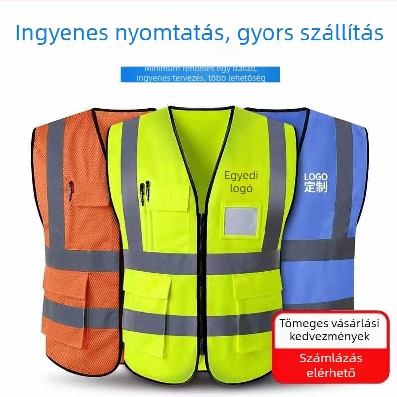 Fényvisszaverő mellény cipzárral és több zsebbel – építkezésekhez, szanitációs dolgozóknak és közúti biztonságnak