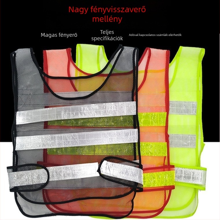 Hálós anyagú fényvisszaverő mellény három sávval, fluoreszkáló zöldben, pirosban és fekete színben