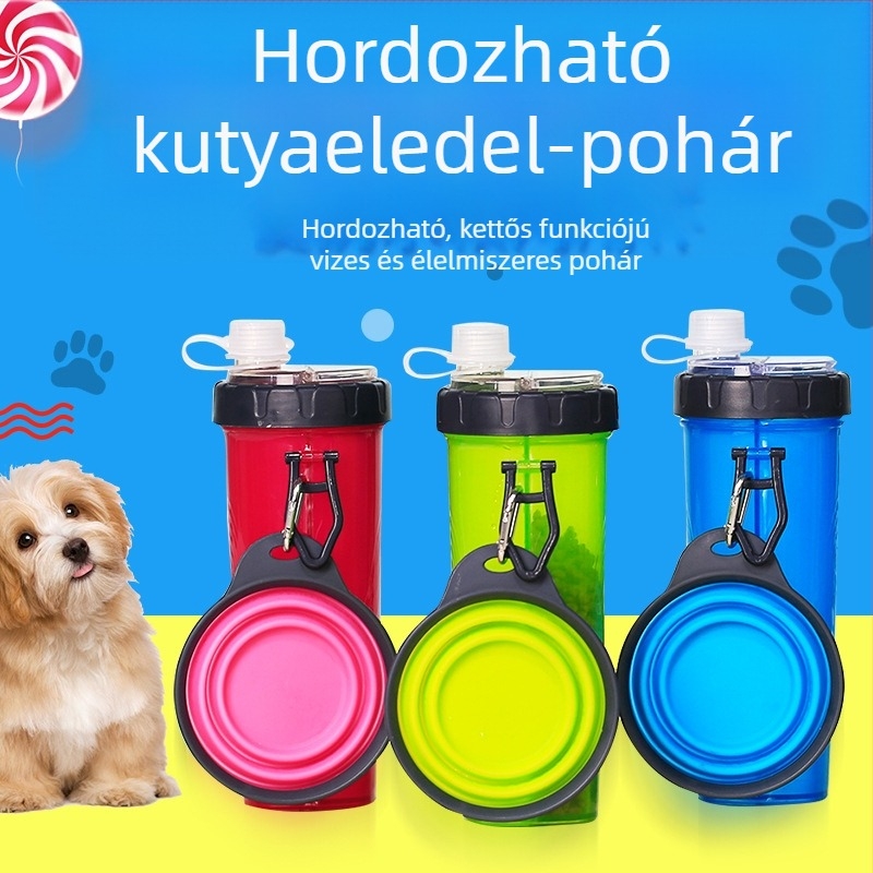 Háziállatok utazó pohara összecsukható tálcával és kettős funkciójú víz- és ételtartó