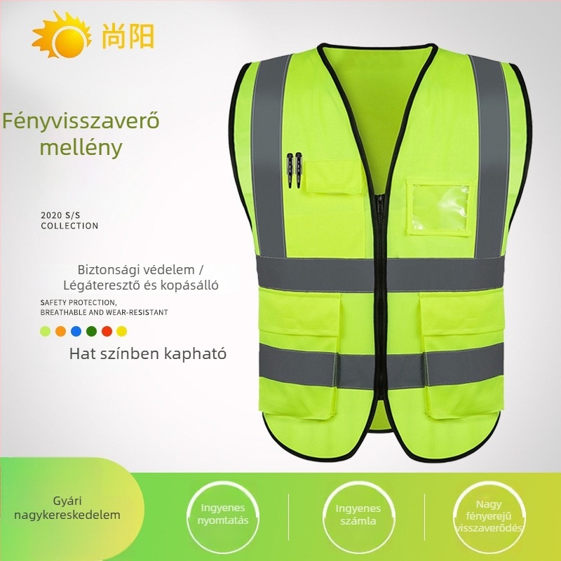 Reflektív biztonsági mellény több zsebbel építési helyszínekre és tisztítási feladatokra, fluoreszkáló
