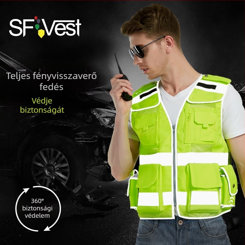 Magas láthatóságú fényvisszaverő biztonsági mellény forgalmi figyelmeztetéssel, kerékpározáshoz és motorozáshoz, Hong Kong-stílusú hálós anyag