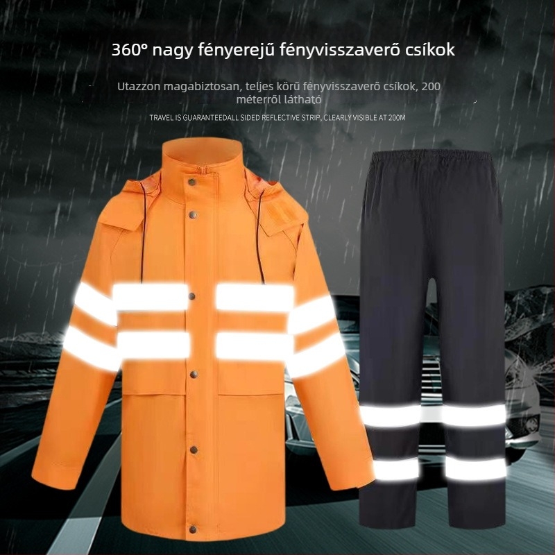 Reflektív esőkabát és nadrág szett, szétválasztható felsővel és alsóval, munkához