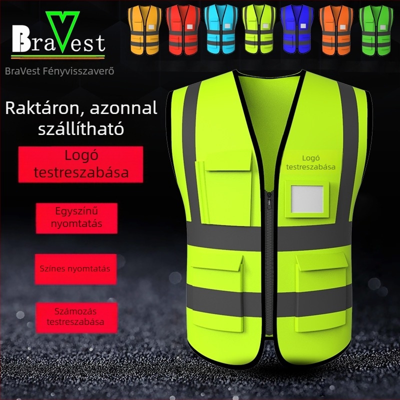 Építőipari fényvisszaverő biztonsági mellény, légáteresztő, fluoreszkáló