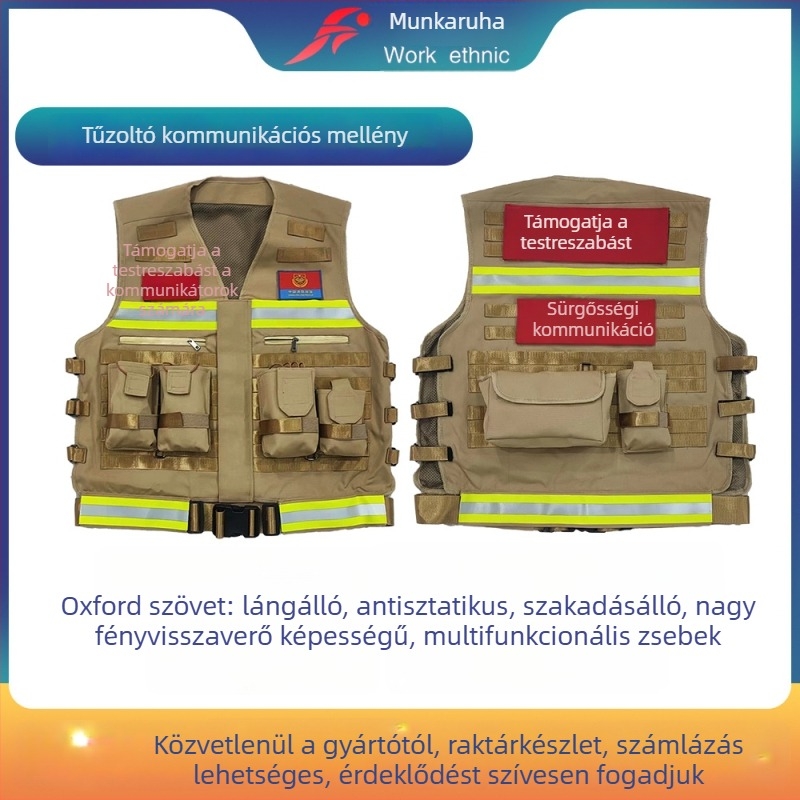 Tűzoltó mellény lángálló, szakadásálló, antistatikus, több zsebbel és fényvisszaverő elemekkel vészhelyzeti kommunikációhoz