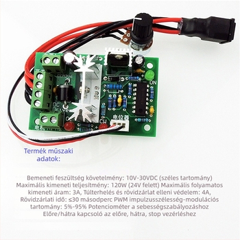 PWM-vezérlő modul mikro motor 12V/24V DC szénkefés motorhoz előre-hátra sebességszabályzóval
