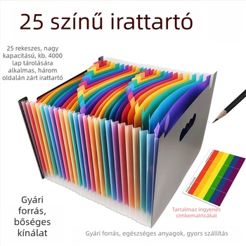 25 rekeszes műanyag fájl rendező háromoldalú záródással és lógatható pánttal, akordeon dizájn, A4 méretű, PP dokumentumtáska