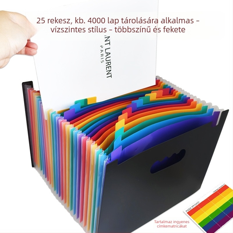 25 rekeszes műanyag fájl rendező háromoldalú záródással és lógatható pánttal, akordeon dizájn, A4 méretű, PP dokumentumtáska