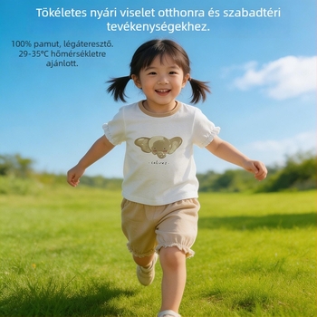 Lányok nyári, 100% pamut rövid ujjú felső és rövidnadrág készlet, aranyos mintával