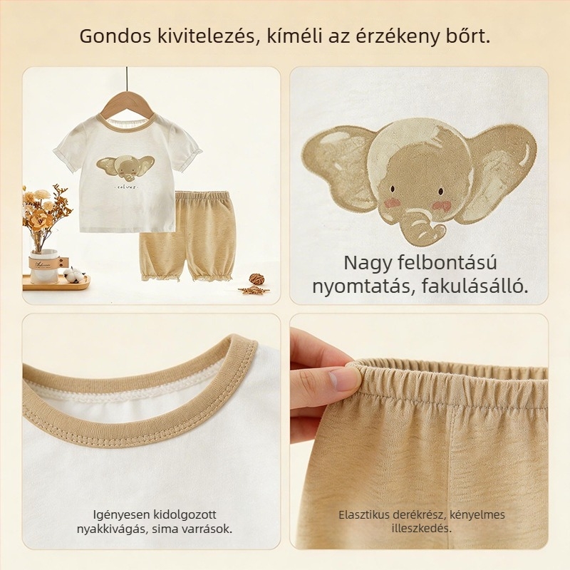 Lányok nyári, 100% pamut rövid ujjú felső és rövidnadrág készlet, aranyos mintával