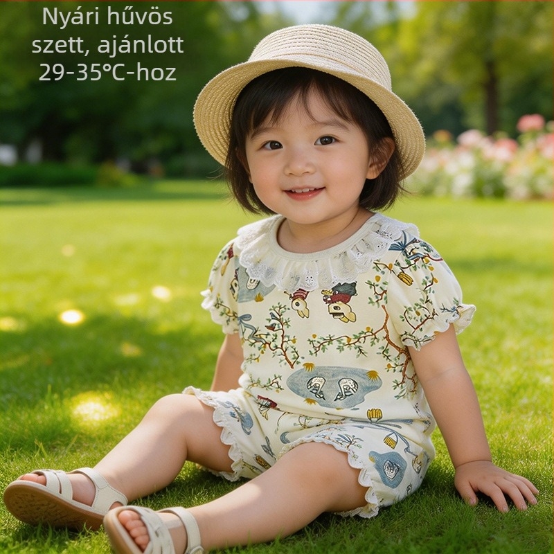 Lányok nyári 100% pamutból készült rövidujjú felső és rövidnadrágos szett Peter Rabbit csipkés szegéllyel, lélegző és kényelmes otthoni és szabadtéri viselésre