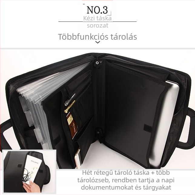 Cipzáros irattároló táska akordeon rendezővel, kézben hordható dokumentum- és laptoptáska, üzleti uniszex