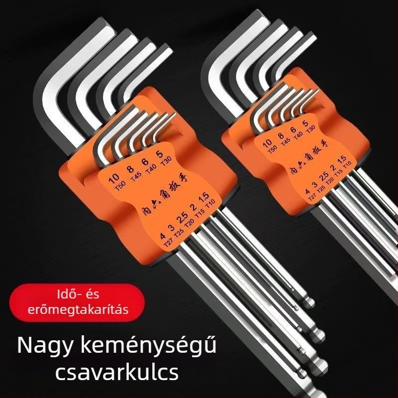 Golyófejű hatszögkulcs készlet kilenc darabbal, csavarhúzóval és hatszögletű markolattal