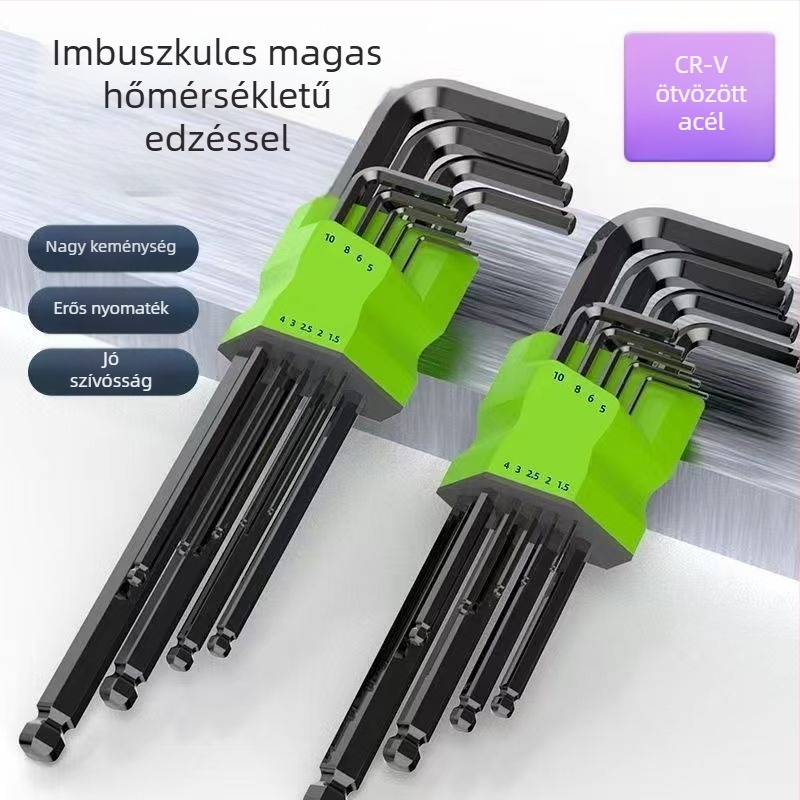 Golyófejű hatszögkulcs készlet kilenc darabbal, csavarhúzóval és hatszögletű markolattal