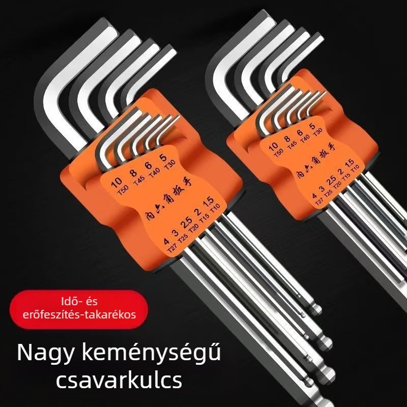 Golyófejű hatszögkulcs készlet kilenc darabbal, csavarhúzóval és hatszögletű markolattal