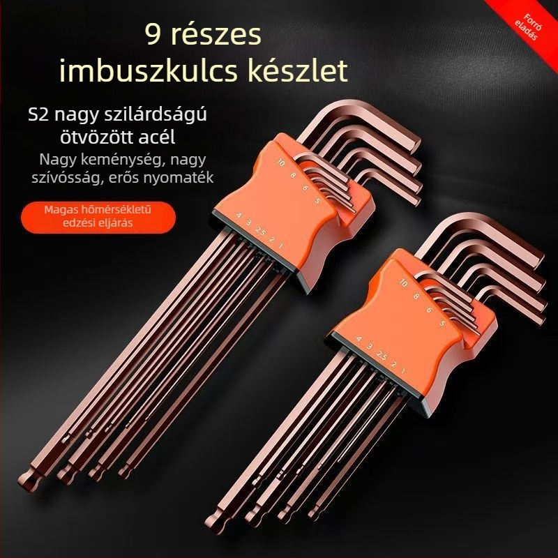 Golyófejű hatszögkulcs készlet kilenc darabbal, csavarhúzóval és hatszögletű markolattal
