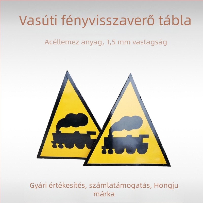 Vasúti útjelző táblák, Vigyázat vonat, Sebességkorlátozásra figyelmeztető háromszög, 1,5 mm vastagságú acéllemez