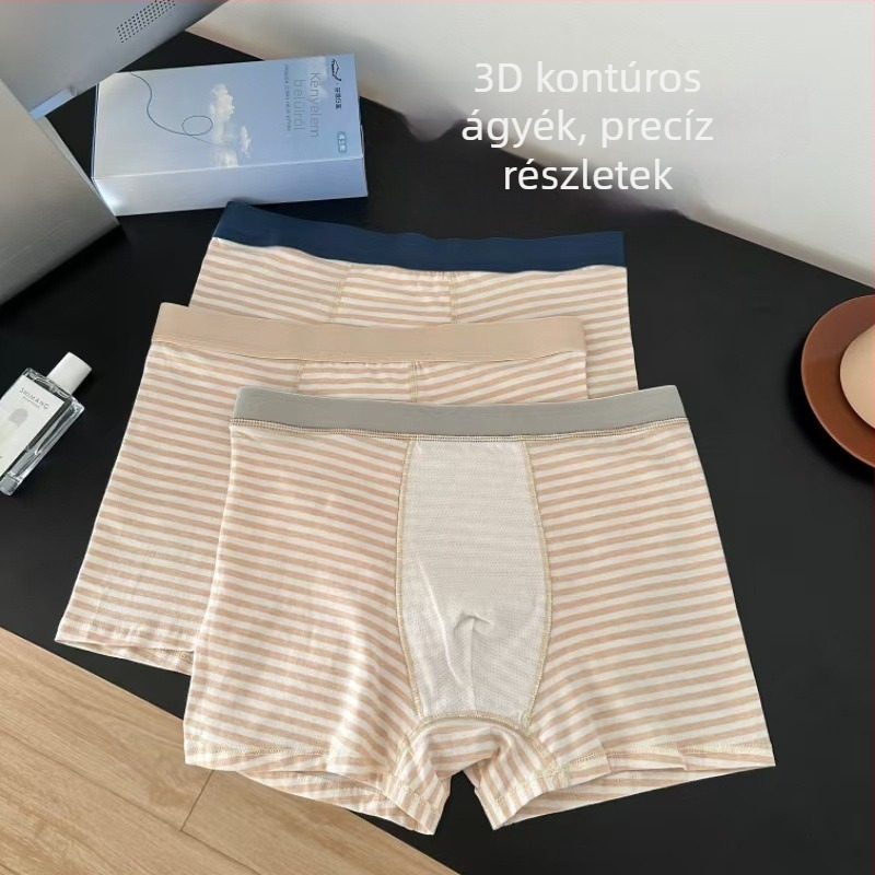 Férfi boxeralsó természetes színű pamutból, csíkos, lélegző, antibakteriális, nem színezett, nagy méret, kényelmes
