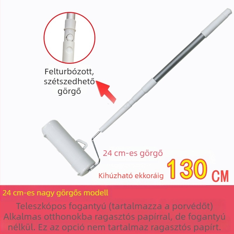 Szőrmentesítő henger cserélhető ragasztópapír maggal, 90 darab perforált tekercs, levehető teleszkópos fogantyú, 16–24 cm-es tekercs