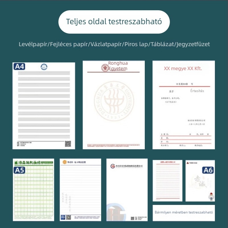 Logóval nyomtatott irodai papírkészlet: borítékok, levélpapírok, jegyzetfüzetek és vázlatfüzetek