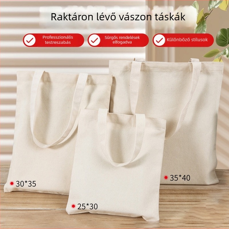 Sűrített vászon bevásárló táska, egyedi logóval, kézzel festett, üres