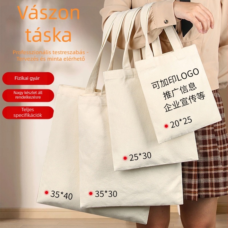 Sűrített vászon bevásárló táska, egyedi logóval, kézzel festett, üres