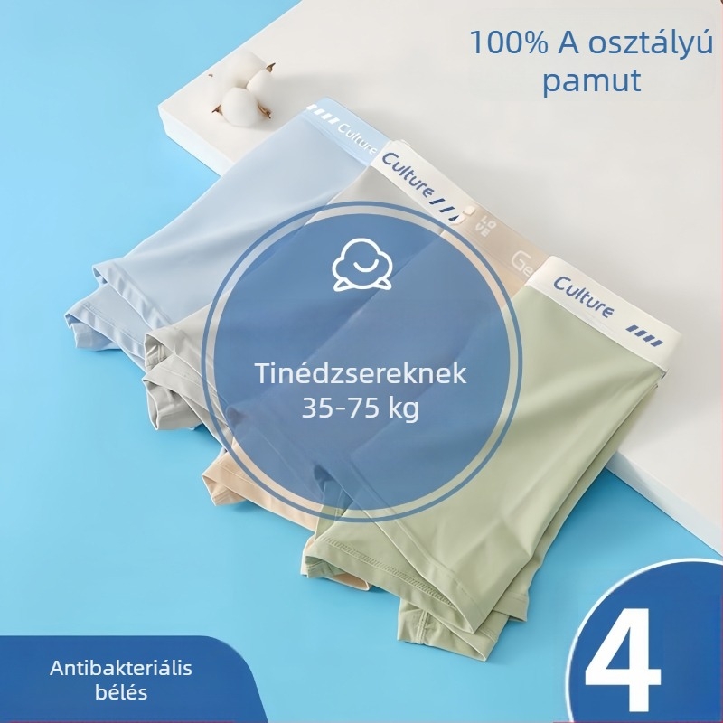 Tinédzser fiúk számára készült 100% pamut boxeralsó, légáteresztő, középmagas derekú, 90–95% pamut, gyorsan száradó, antibakteriális
