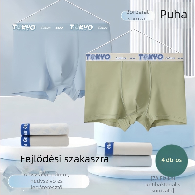 Tinédzser fiúk számára készült 100% pamut boxeralsó, légáteresztő, középmagas derekú, 90–95% pamut, gyorsan száradó, antibakteriális