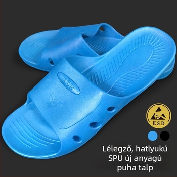 Elektrosztatikus papucs vastagított talppal, pormentes ESD lábbeli, légáteresztő puha talppal, férfiaknak és nőknek elektronikai gyárakban, kék-fehér, csúszásmentes.