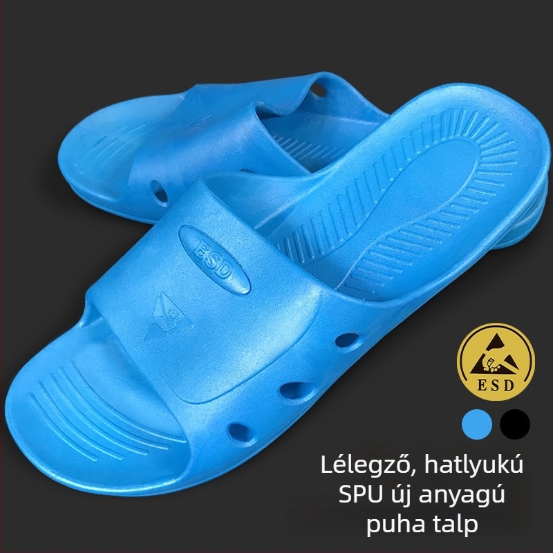 Elektrosztatikus papucs vastagított talppal, pormentes ESD lábbeli, légáteresztő puha talppal, férfiaknak és nőknek elektronikai gyárakban, kék-fehér, csúszásmentes.