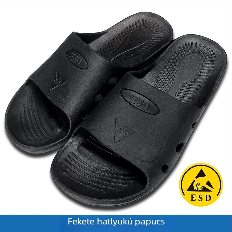 Elektrosztatikus papucs vastagított talppal, pormentes ESD lábbeli, légáteresztő puha talppal, férfiaknak és nőknek elektronikai gyárakban, kék-fehér, csúszásmentes.