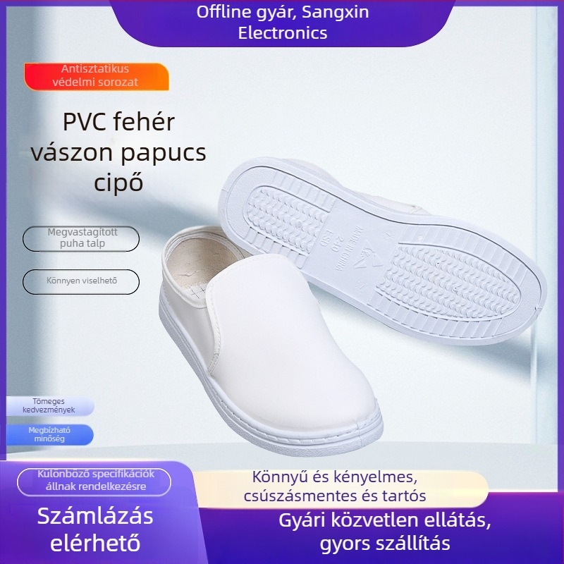 Fehér PVC vászon munkacipő, antistaatikus, pormentes műhelyhez, megerősített talppal