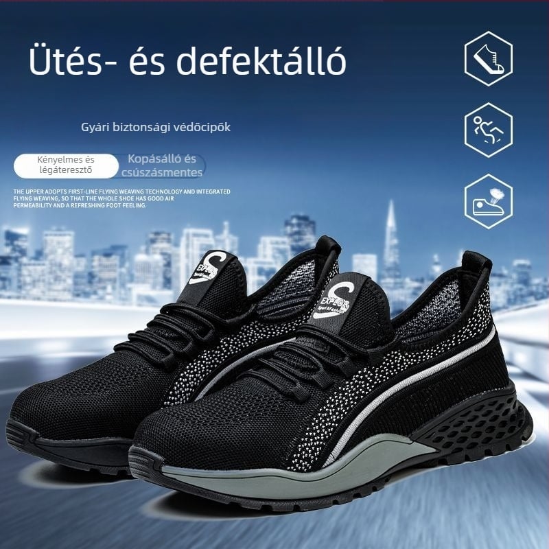 Férfi biztonsági cipő acélorrvédővel, légáteresztő Fly-Knit felsőrész, gumitalp, csúszásmentes, antistatikus, könnyű