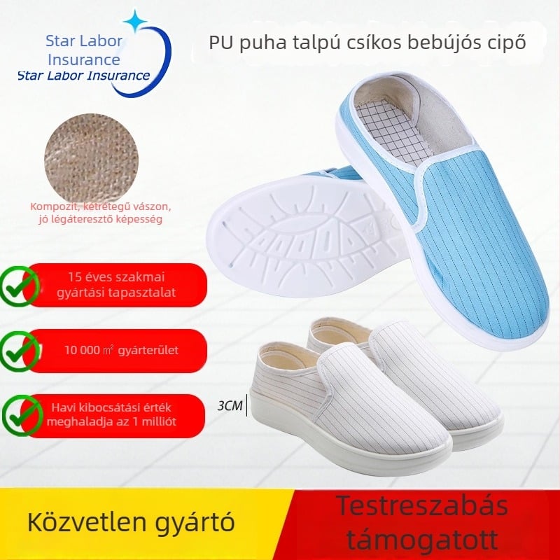 Világoskék antistatikus műhelycipő csíkos felsőrésszel, PU vastagított ultra puha talppal, porálló.