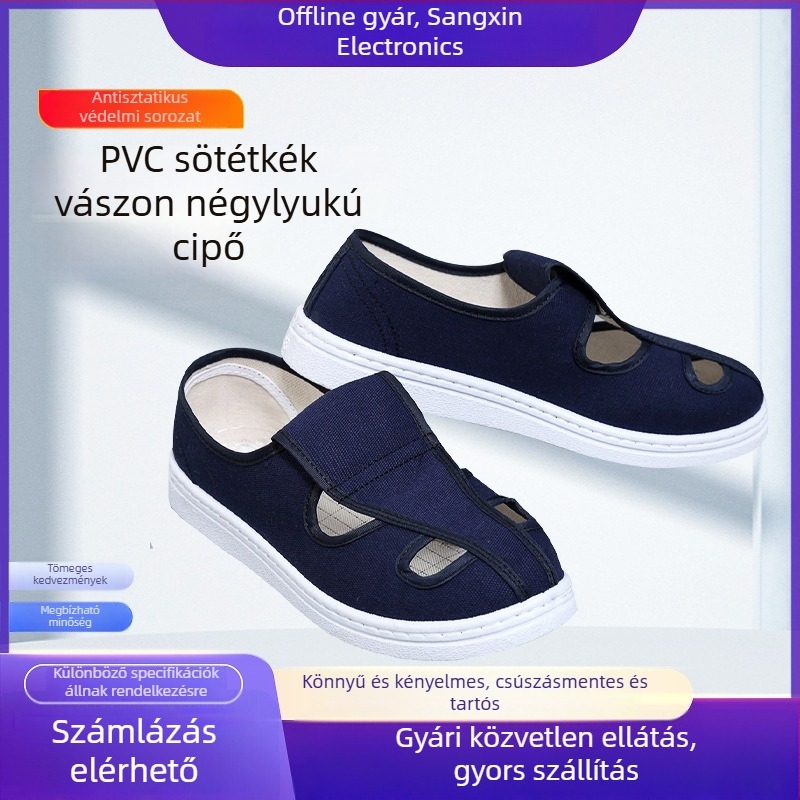 Vastag talpú vászoncipő, antistatikus, pormentes műhelyhez, ipari felhasználású cipő négy fűzőlyukkal, sötétkék